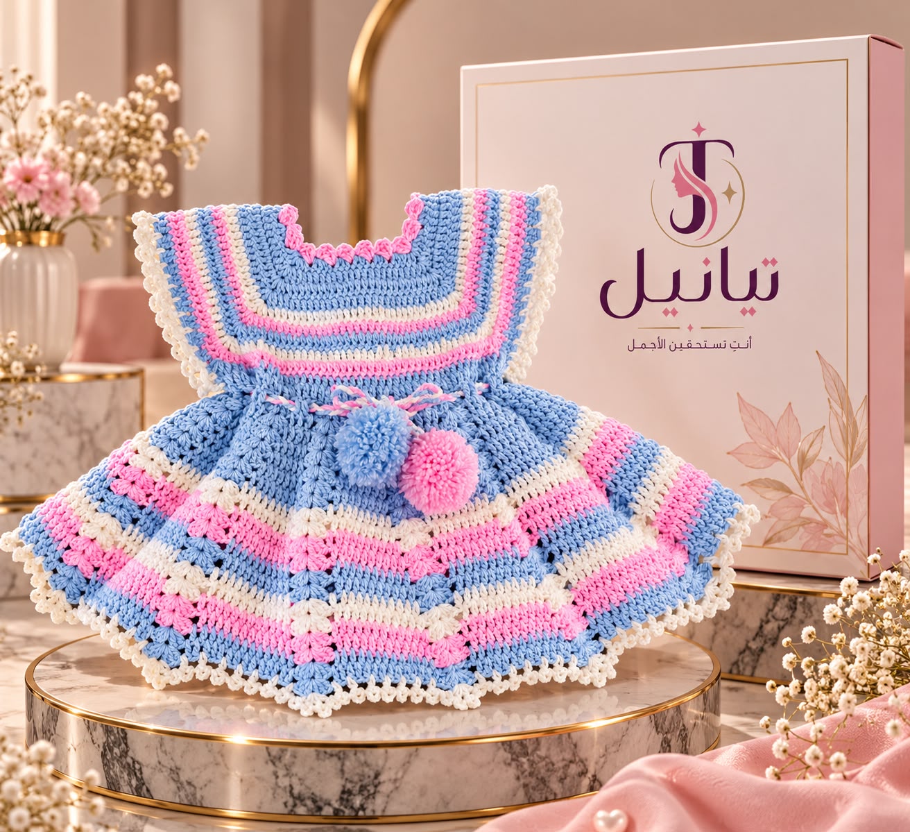 فستان كروشيه سماوي ووردي للبنات بفيونكة،  3 -4سنوات