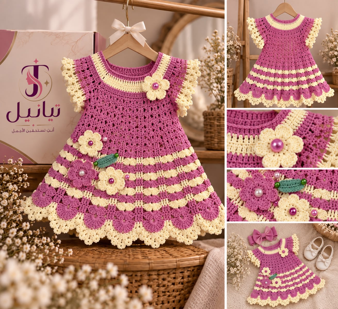 فستان كروشيه موف وعاجي للبنات بزهور لؤلؤية ، 2-3 سنوات
