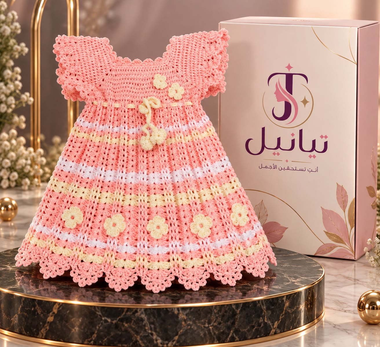 فستان كروشيه وردي للبنات بزهور ناعمة ،5-6 سنوات