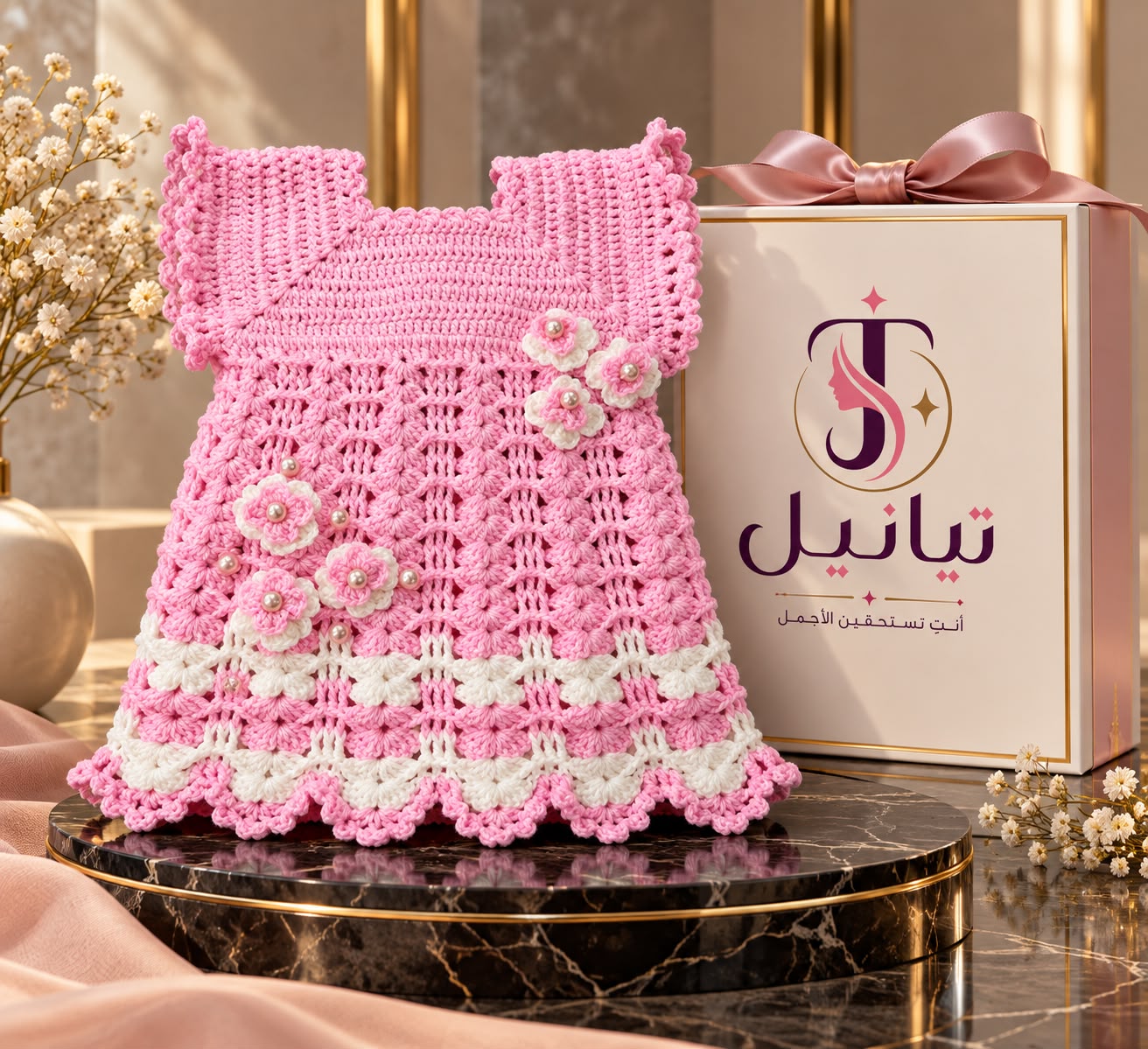 فستان كروشيه وردي وأبيض للبنات بزهور لؤلؤية، 3-4 سنوات