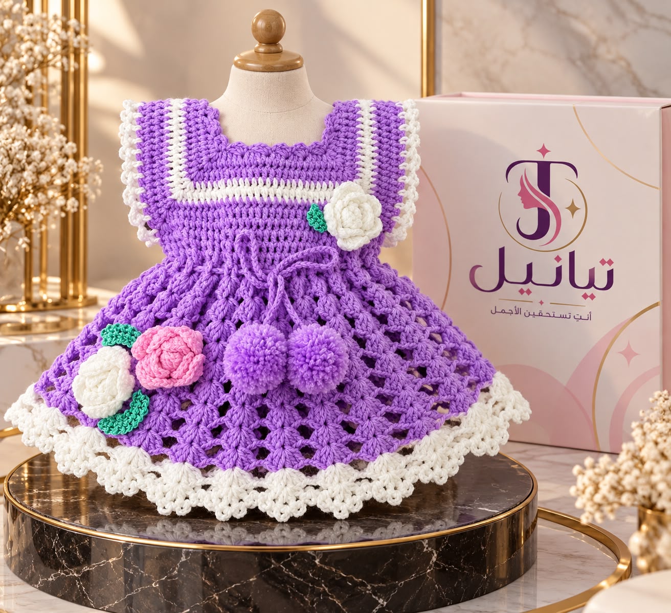 فستان بنات كروشيه بنفسجي بالورود 1-2 سنوات