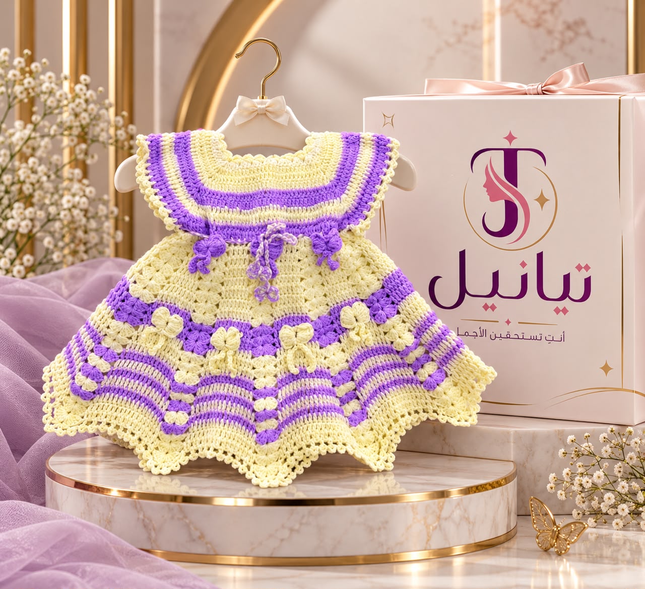 فستان كروشيه أصفر وبنفسجي للبنات بفيونكات، 5سنوات