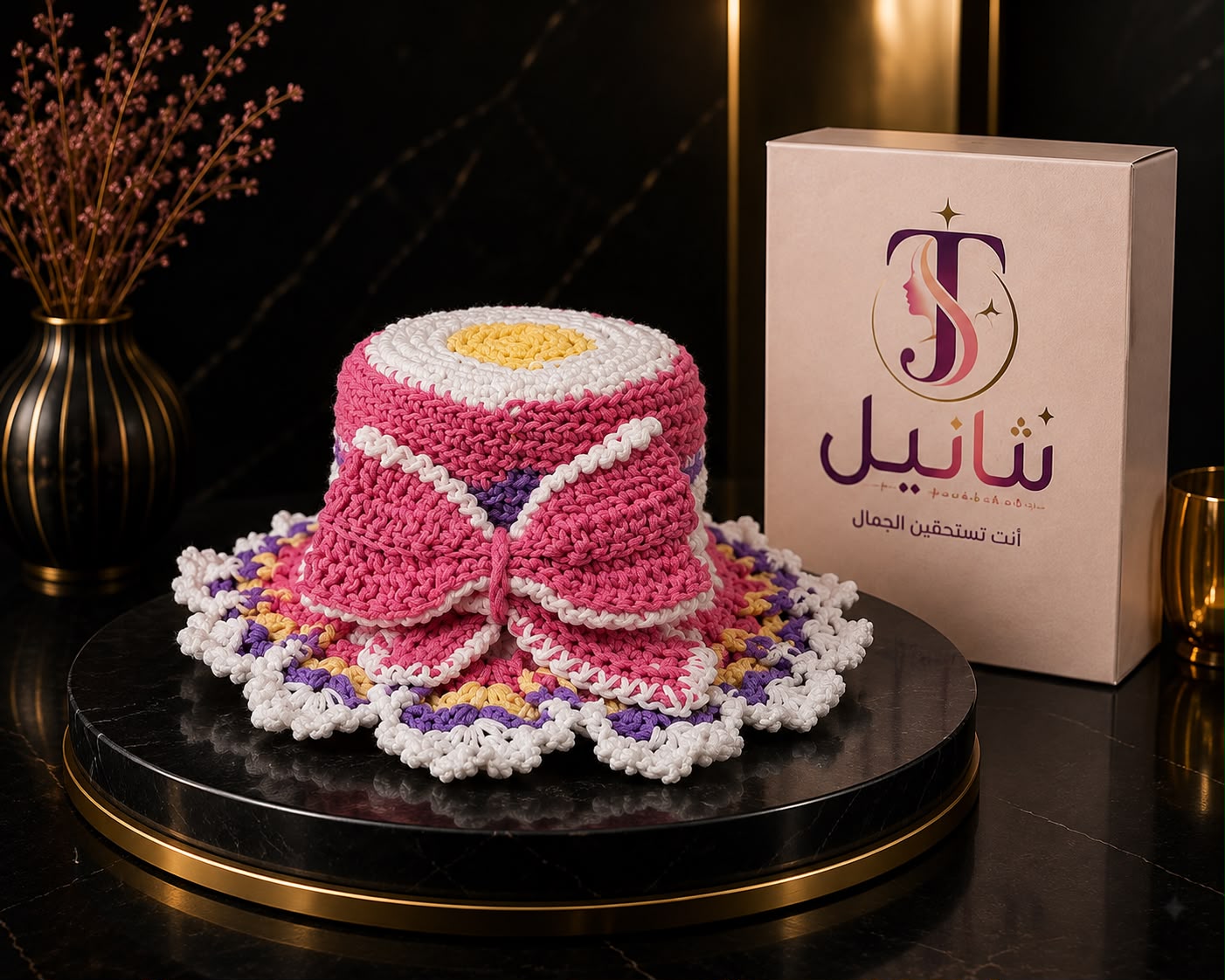 قبعة كروشيه وردية بفيونكة كبيرة