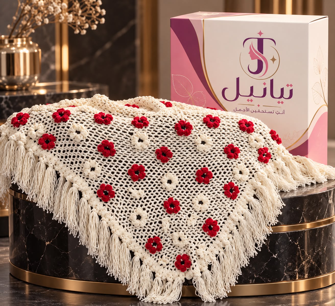 شال كروشيه عاجي بزهور حمراء