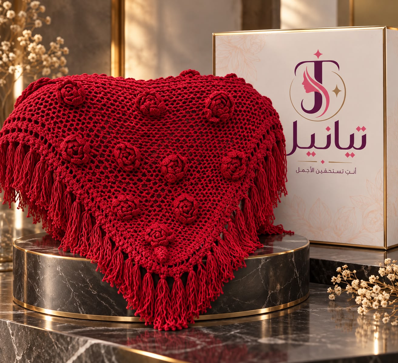شال كروشيه أحمر مزين بالورود